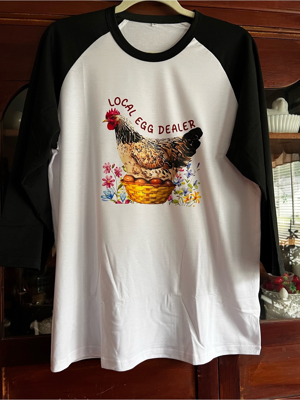 Cricut Black and White 'Local Egg Dealer' Hen Graphic Raglan Tee